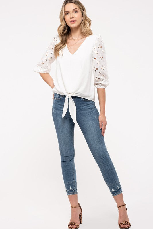 Eyelet Sleeve Tie Front Top