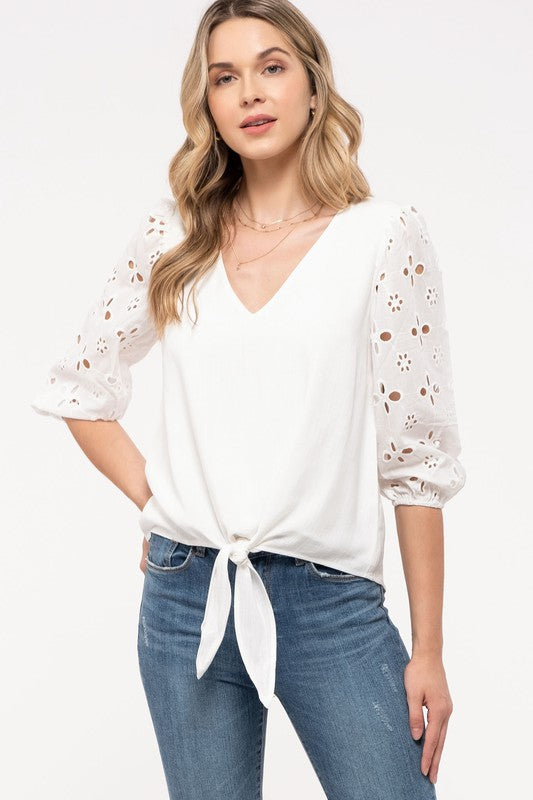 Eyelet Sleeve Tie Front Top