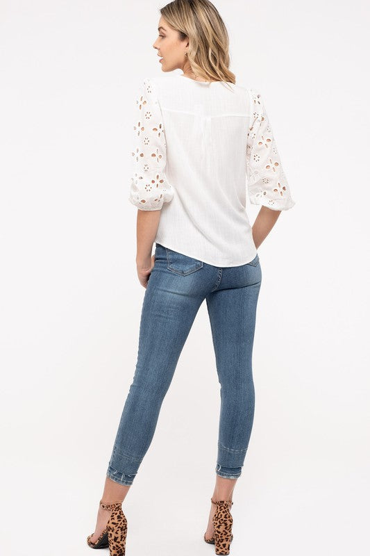 Eyelet Sleeve Tie Front Top