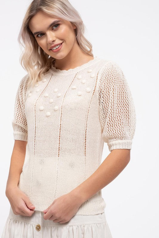 Short Sleeve Pom Lightweight Sweater