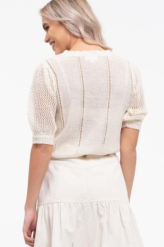 Short Sleeve Pom Lightweight Sweater