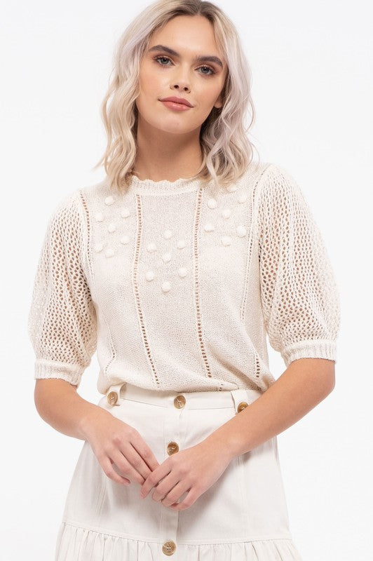 Short Sleeve Pom Lightweight Sweater