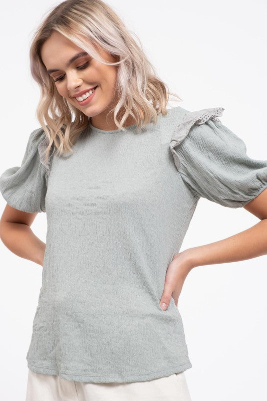 Eyelet Ruffle Puff Sleeve Tee