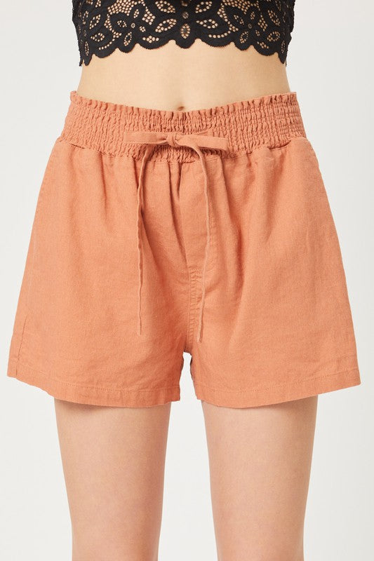 Linen Blend Smocked Waist Short