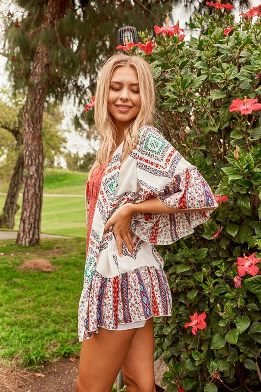 Floral and Aztec Print Woven Kimono