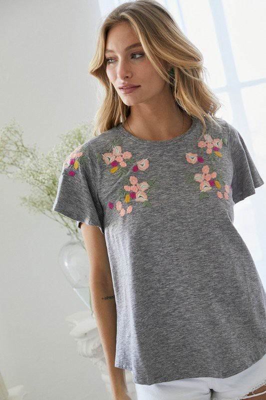 Floral Embroidery Flutter Sleeve Tee