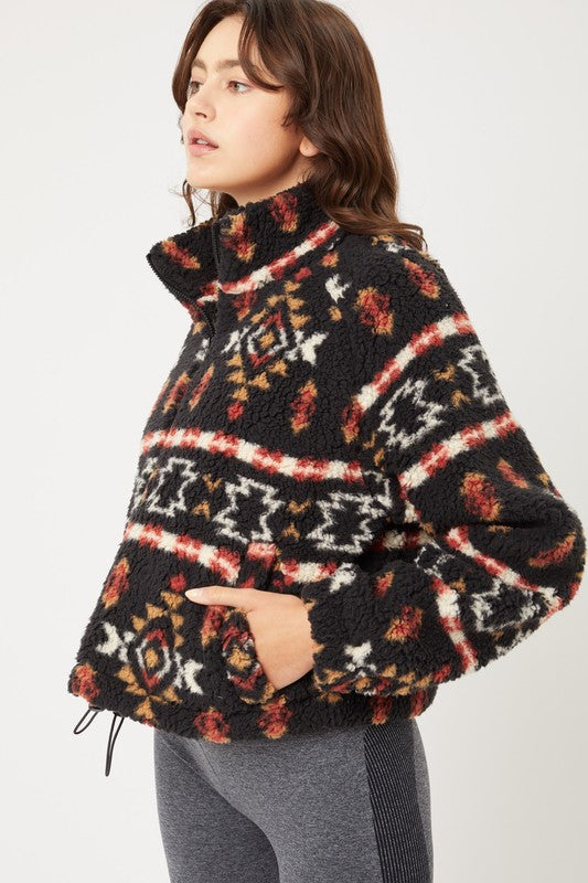 Full Zip -Up Printed Sherpa Fleece Sweater