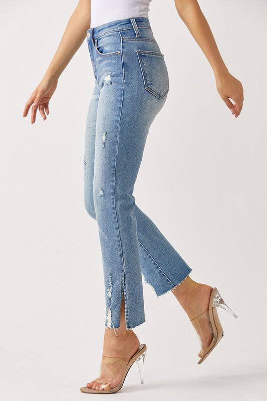Mollie Distressed Straight Leg Jean with Side Slit