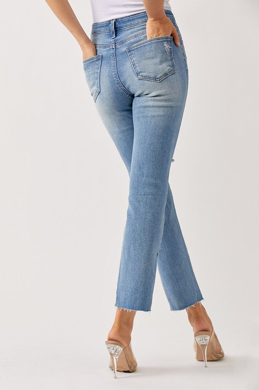 Mollie Distressed Straight Leg Jean with Side Slit