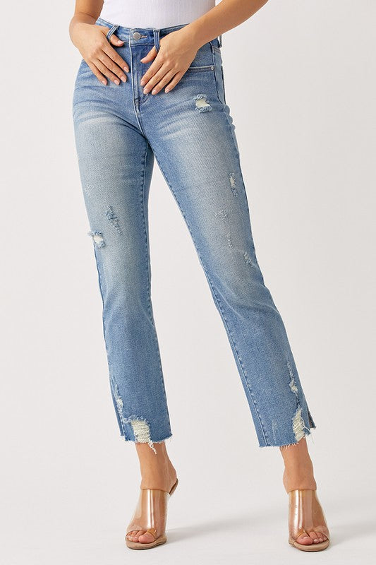 Mollie Distressed Straight Leg Jean with Side Slit