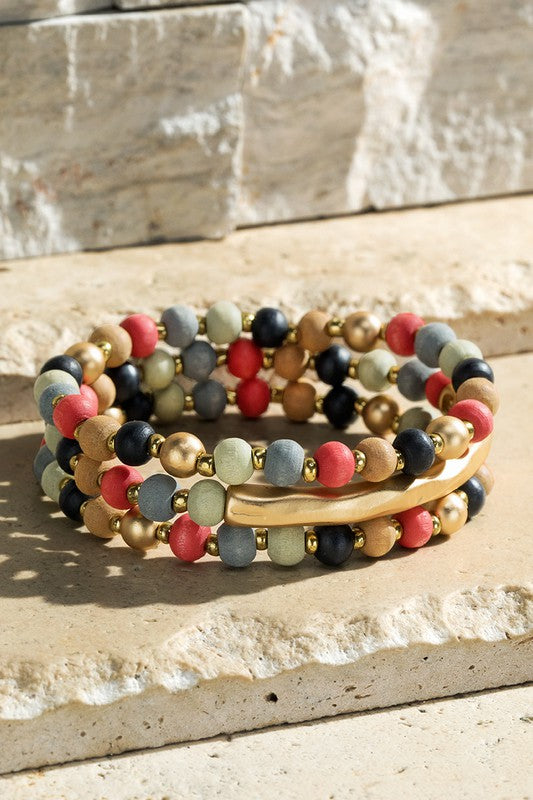 3 Strand Wood and Metal Beads Bracelet