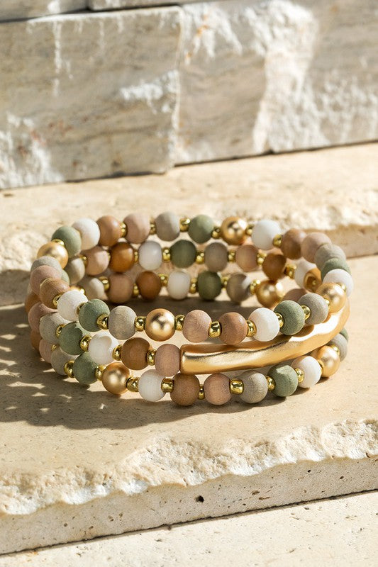 3 Strand Wood and Metal Beads Bracelet