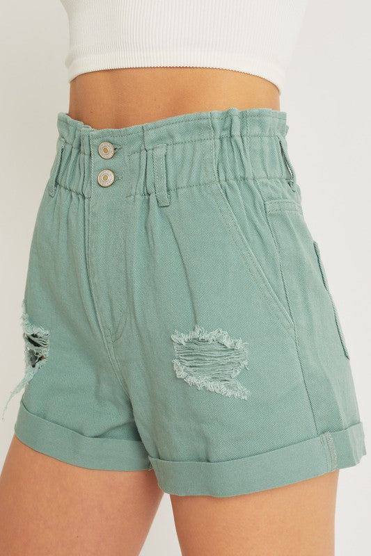 Paperbag Waist Colored Denim Shorts