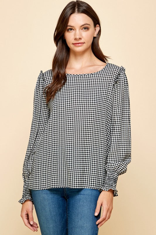 Ruffle Sleeve Checkered Top