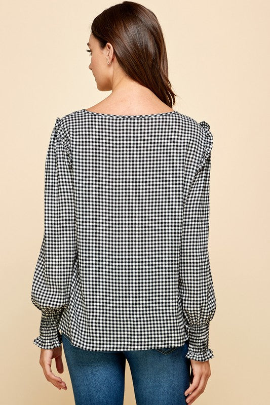 Ruffle Sleeve Checkered Top