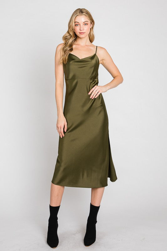 Cowl Neck Front Split Champagne Dress