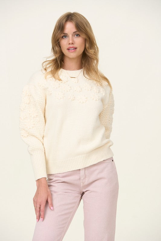 Embroidered Sweater with Puff Sleeves