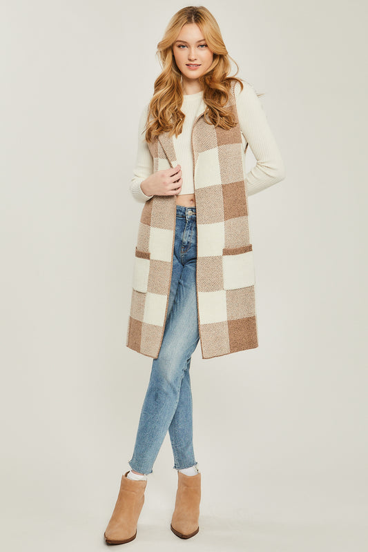 Open Front Plaid Sweater Vest