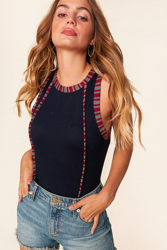 Ribbed Knit Tank Top with Piping Detail