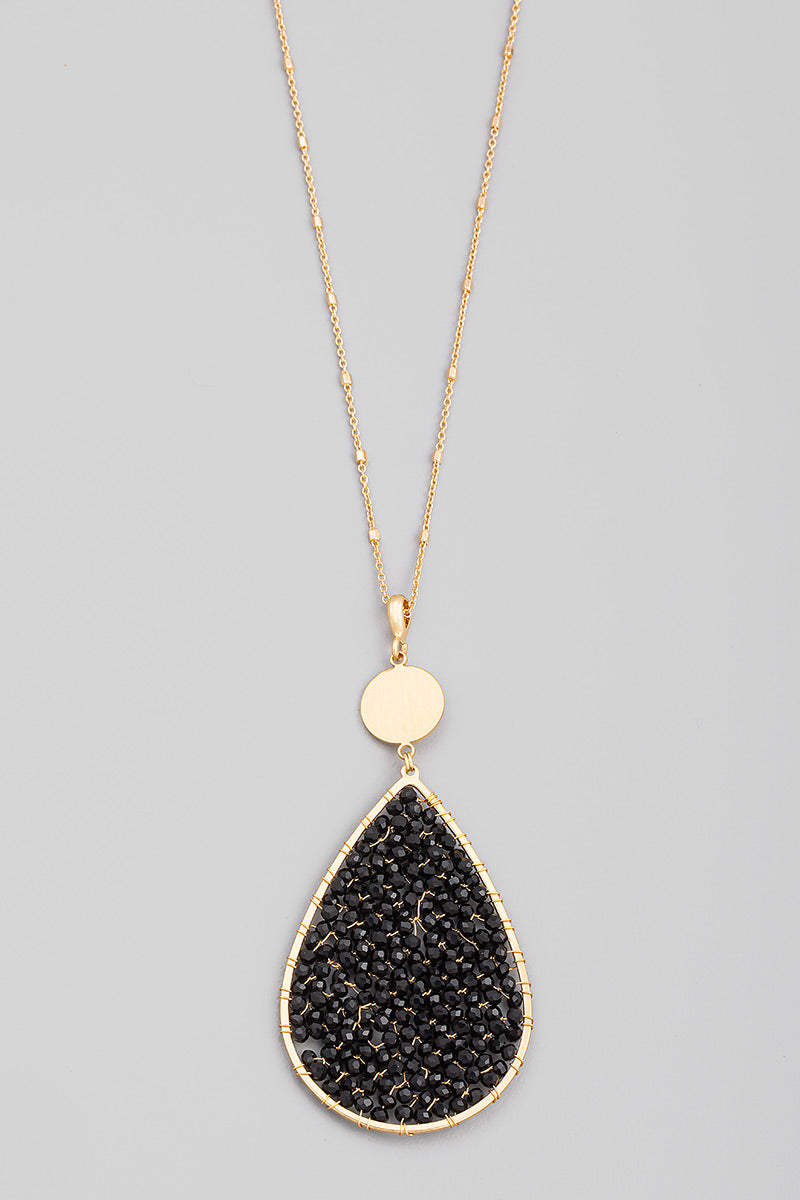 Long Seed Beaded Teardrop Pendant Necklace