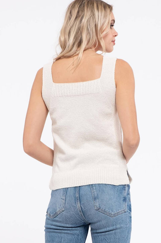 Square Neck Knit Top with Button Detail
