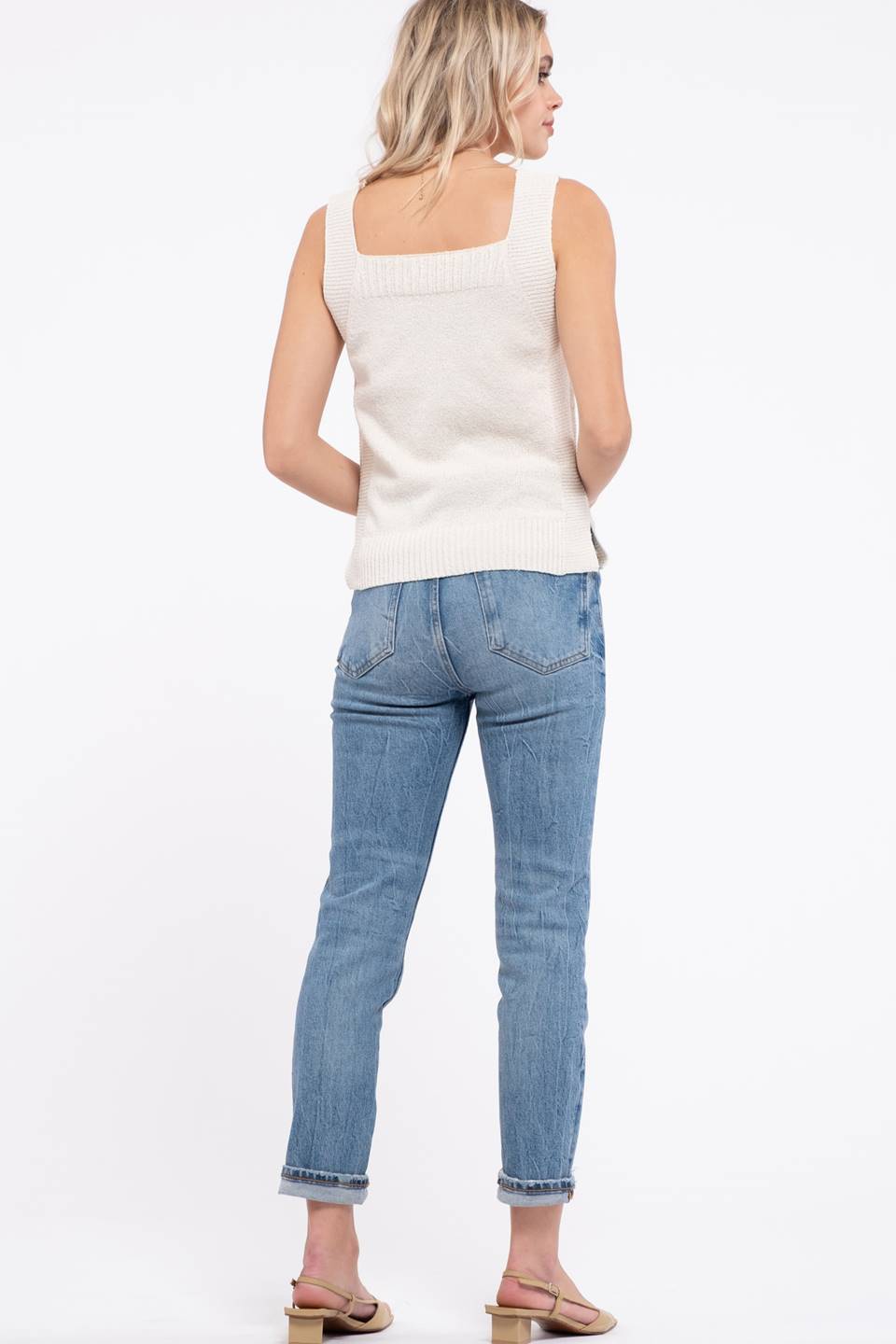 Square Neck Knit Top with Button Detail