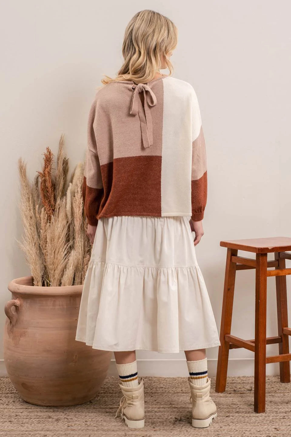 Colorblock Pullover Sweater with Tie Back