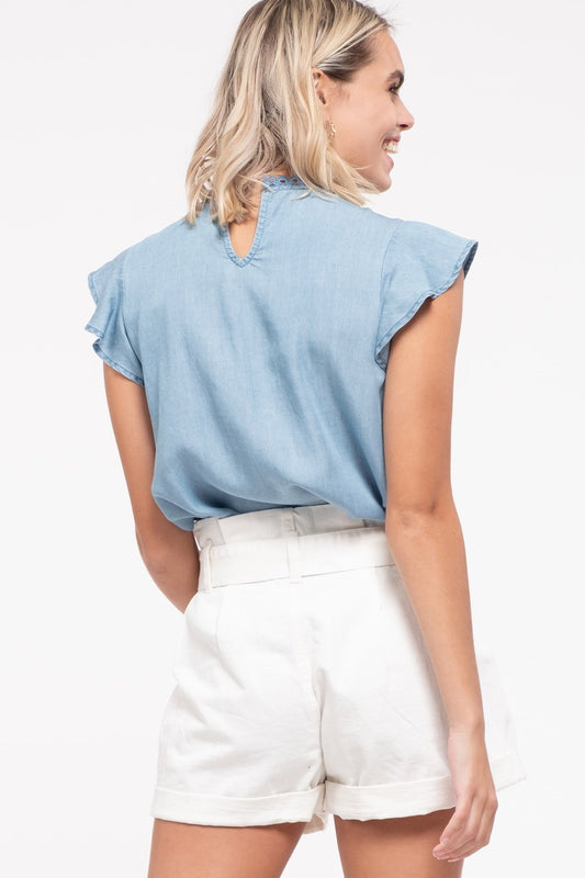 Chambray Flutter Sleeve Top