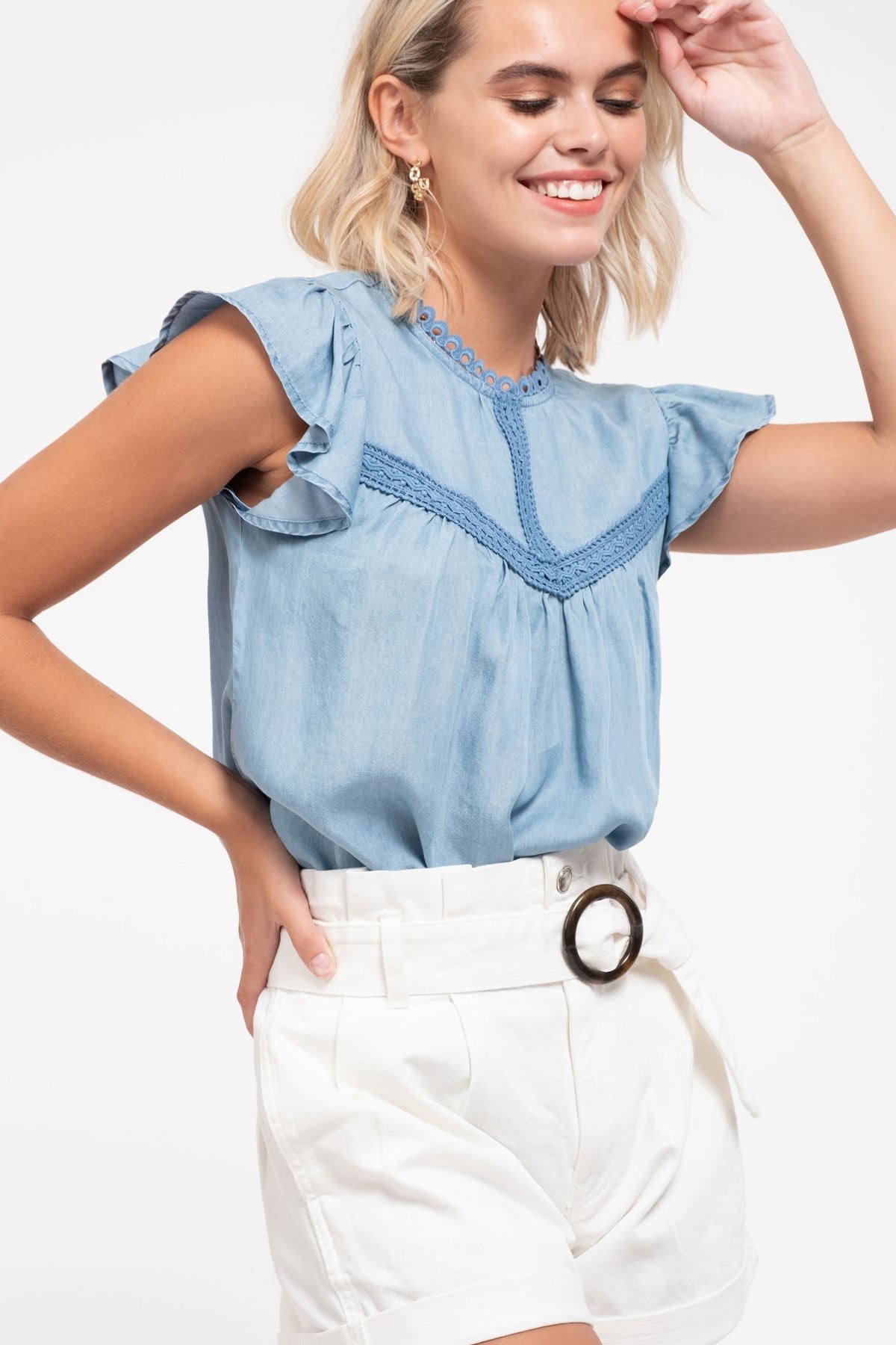 Chambray Flutter Sleeve Top