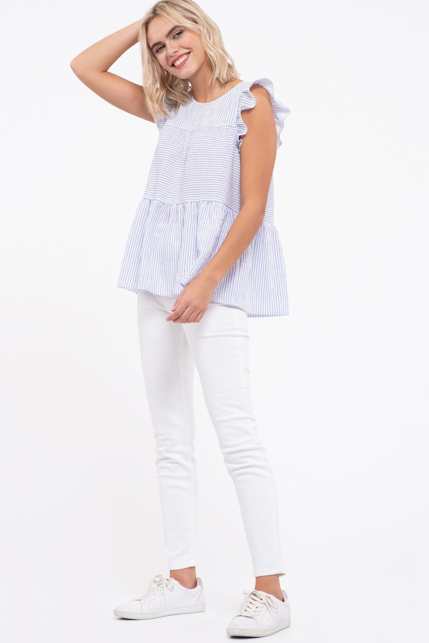 Striped Flutter Sleeve Tiered Top