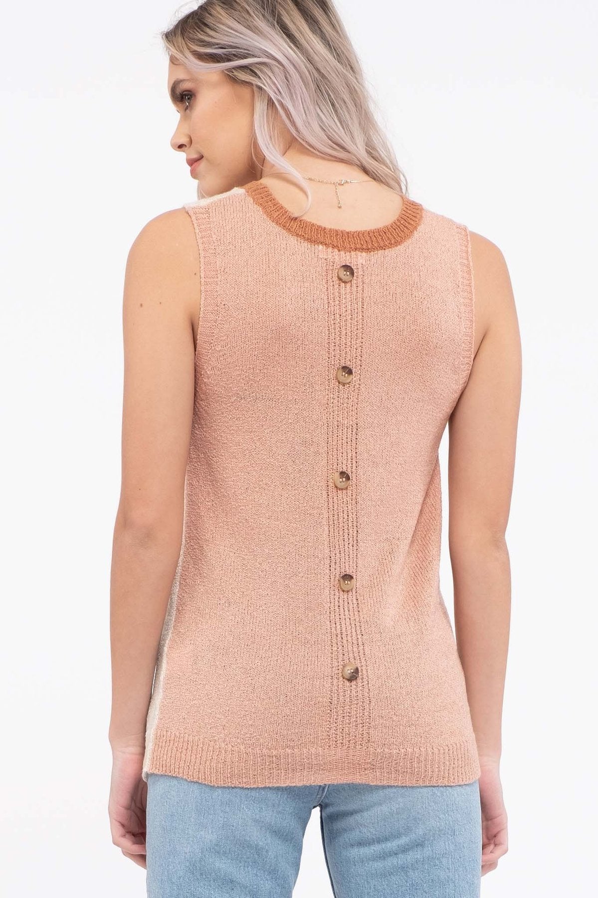 Colorblock Sleeveless Tank with Button Back Detail