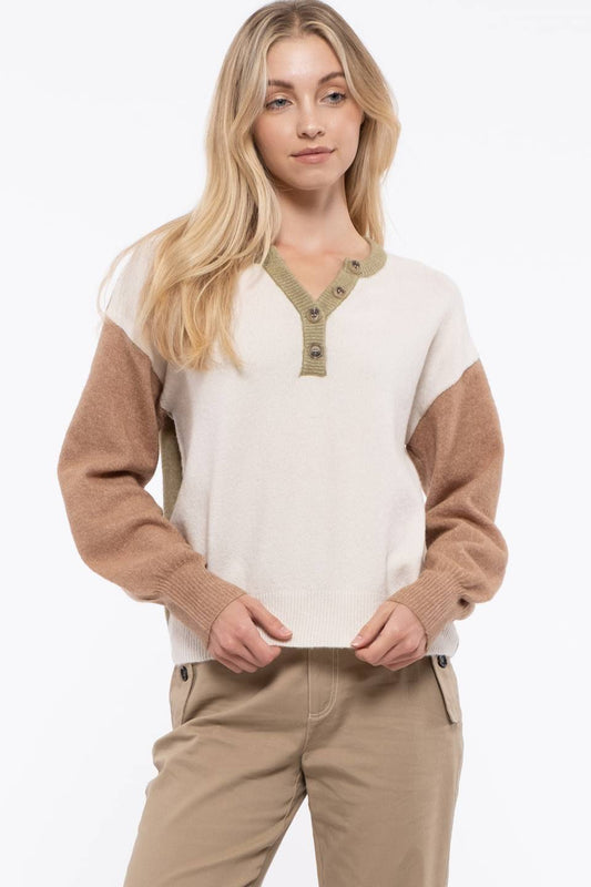 Colorblock Knit Henley Sweater