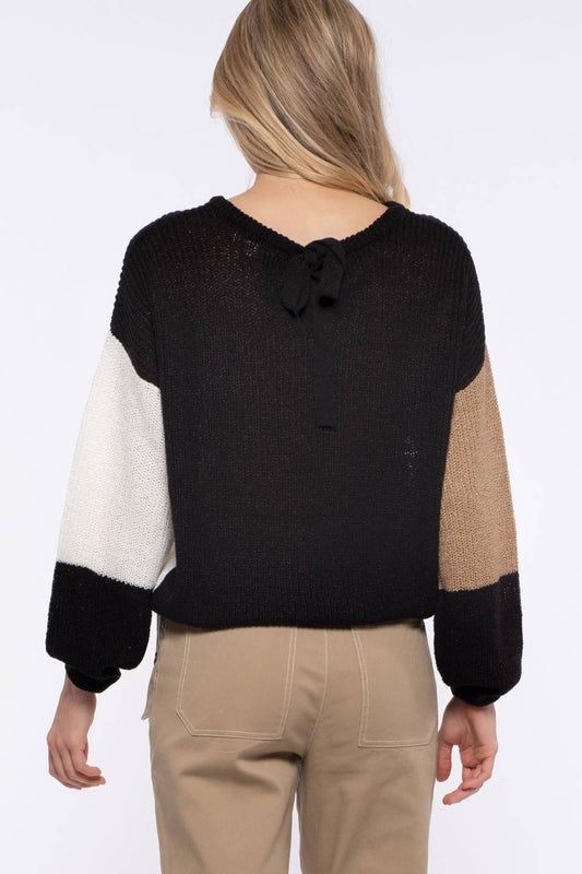 Colorblock Pullover Sweater with Tie Back