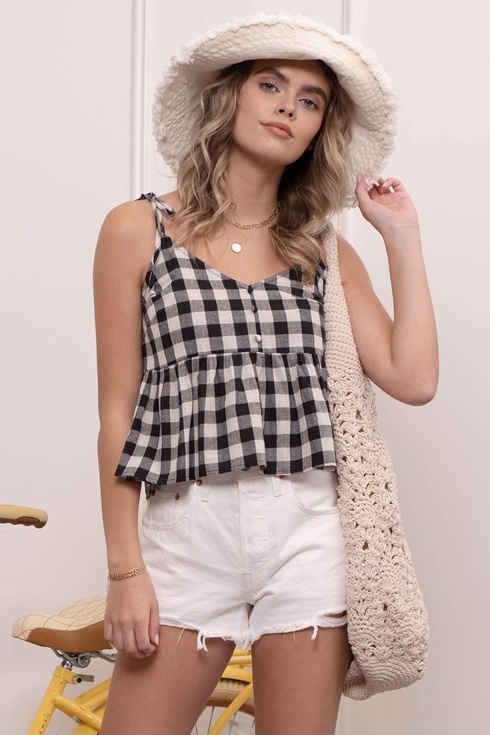 Gingham V Neck Top