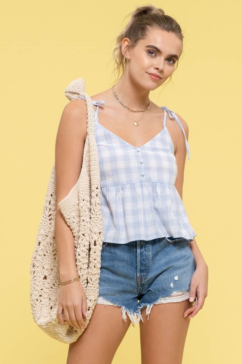 Gingham V Neck Top