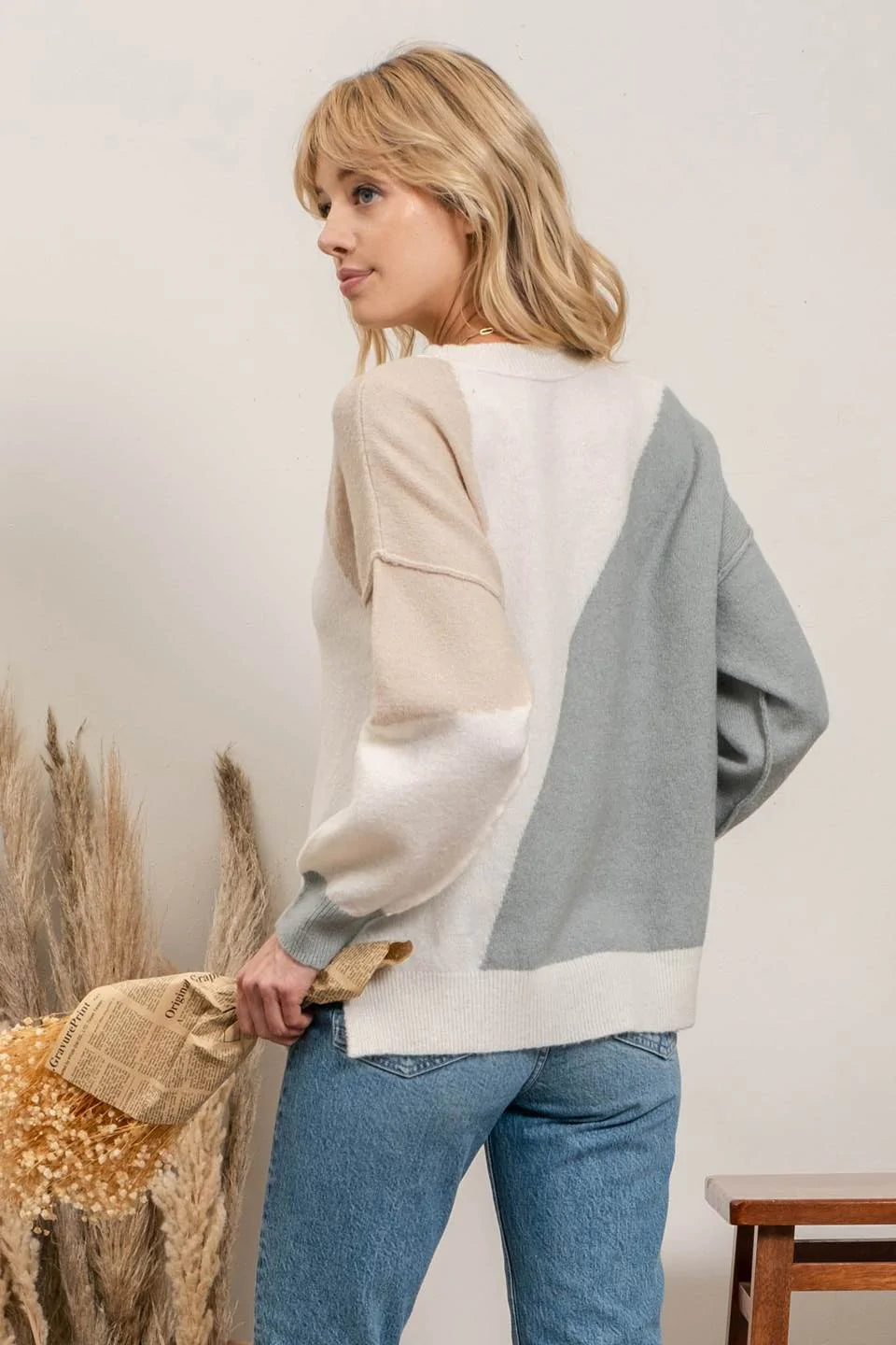 Curvy Asymmetrical Colorblock Pullover Sweater