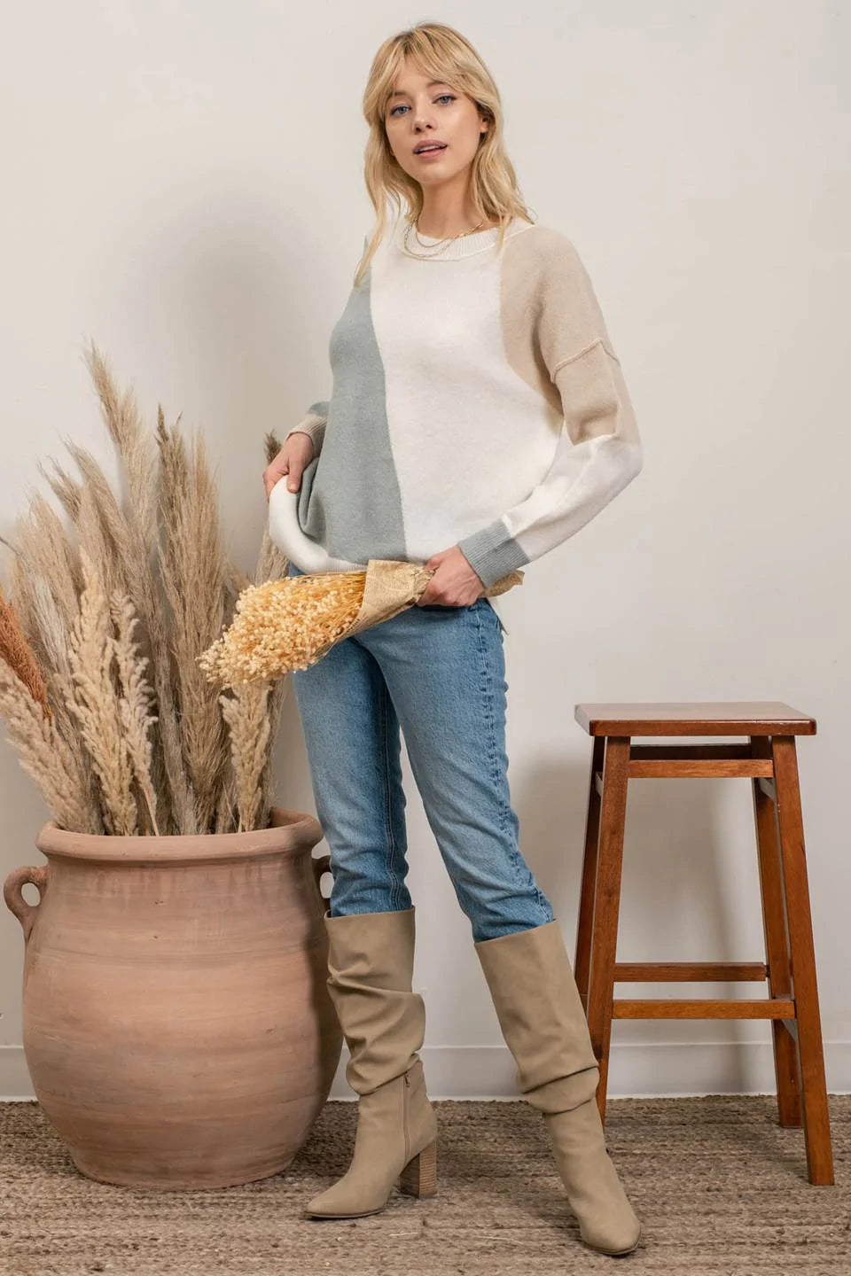 Curvy Asymmetrical Colorblock Pullover Sweater