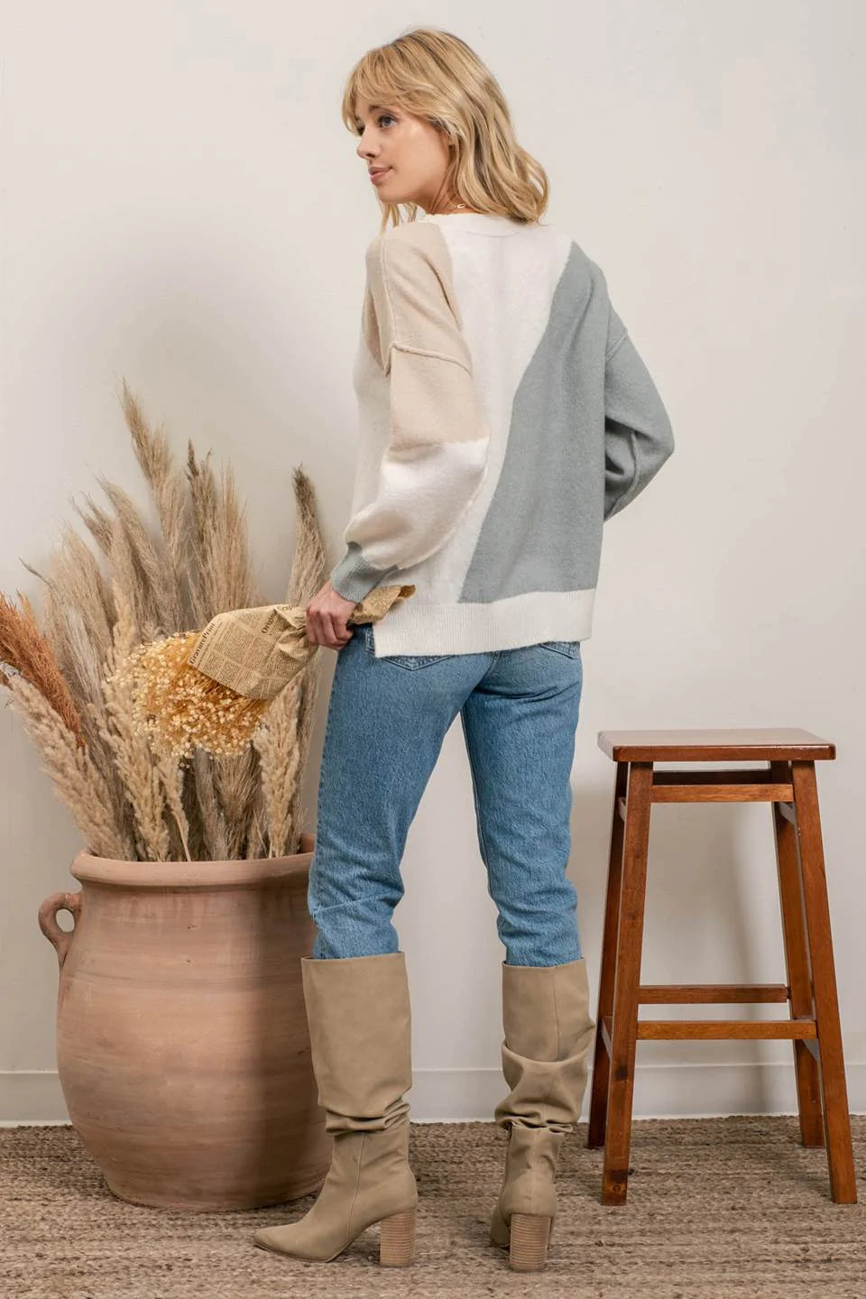 Curvy Asymmetrical Colorblock Pullover Sweater