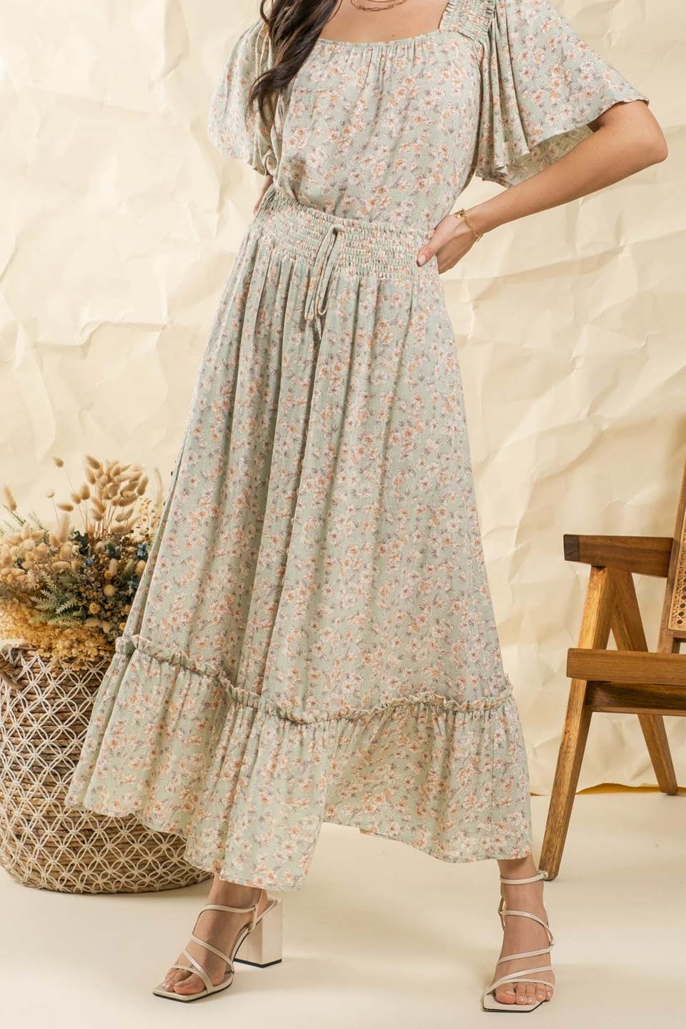 Front Slit Floral Midi Skirt