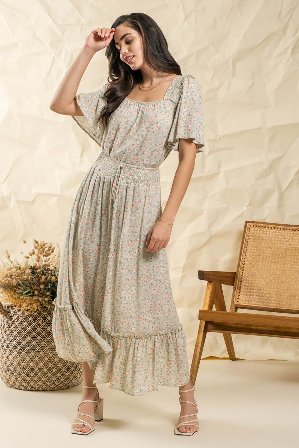 Front Slit Floral Midi Skirt