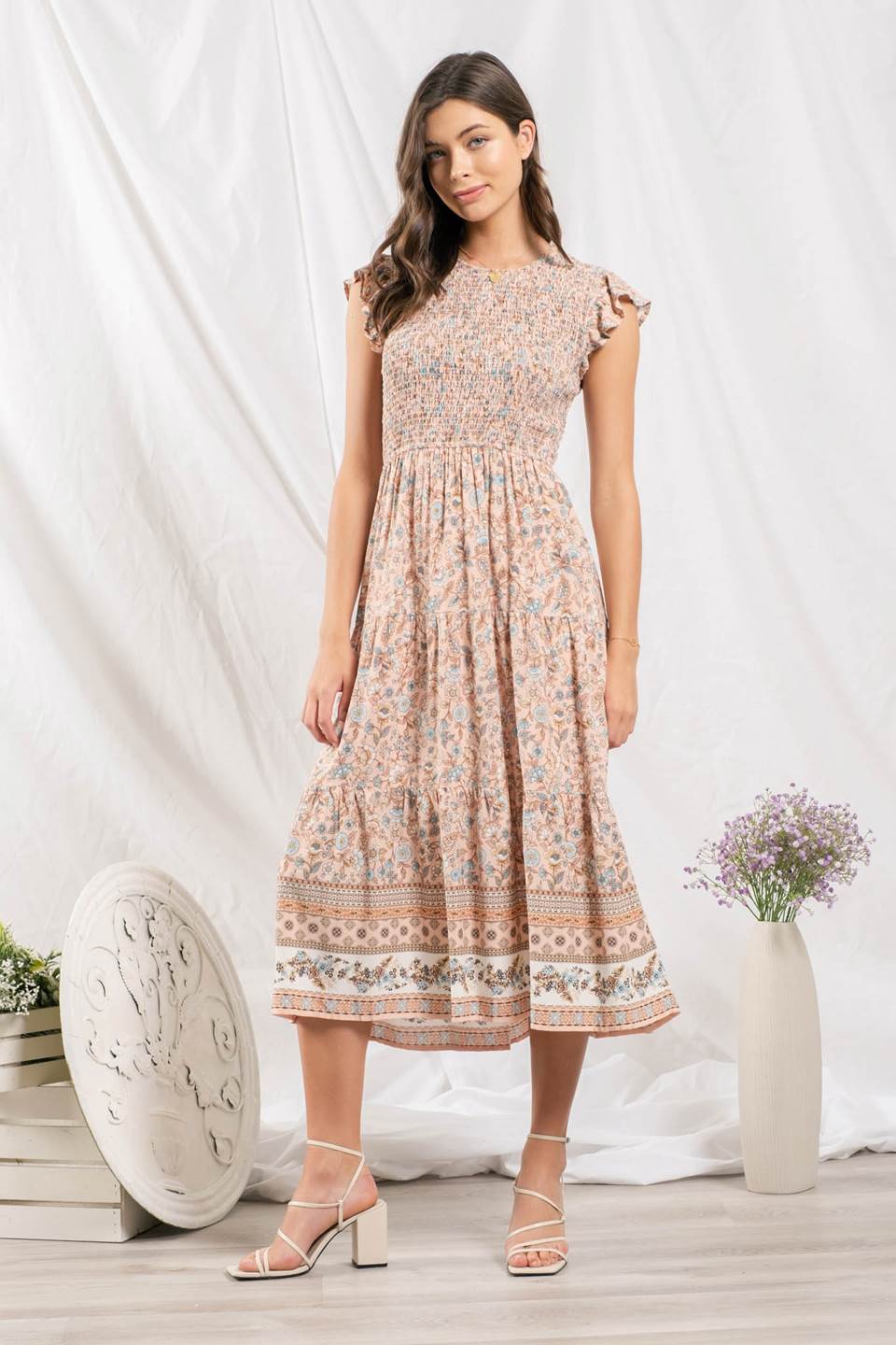 Smocked Floral and Border Print Midi Dress