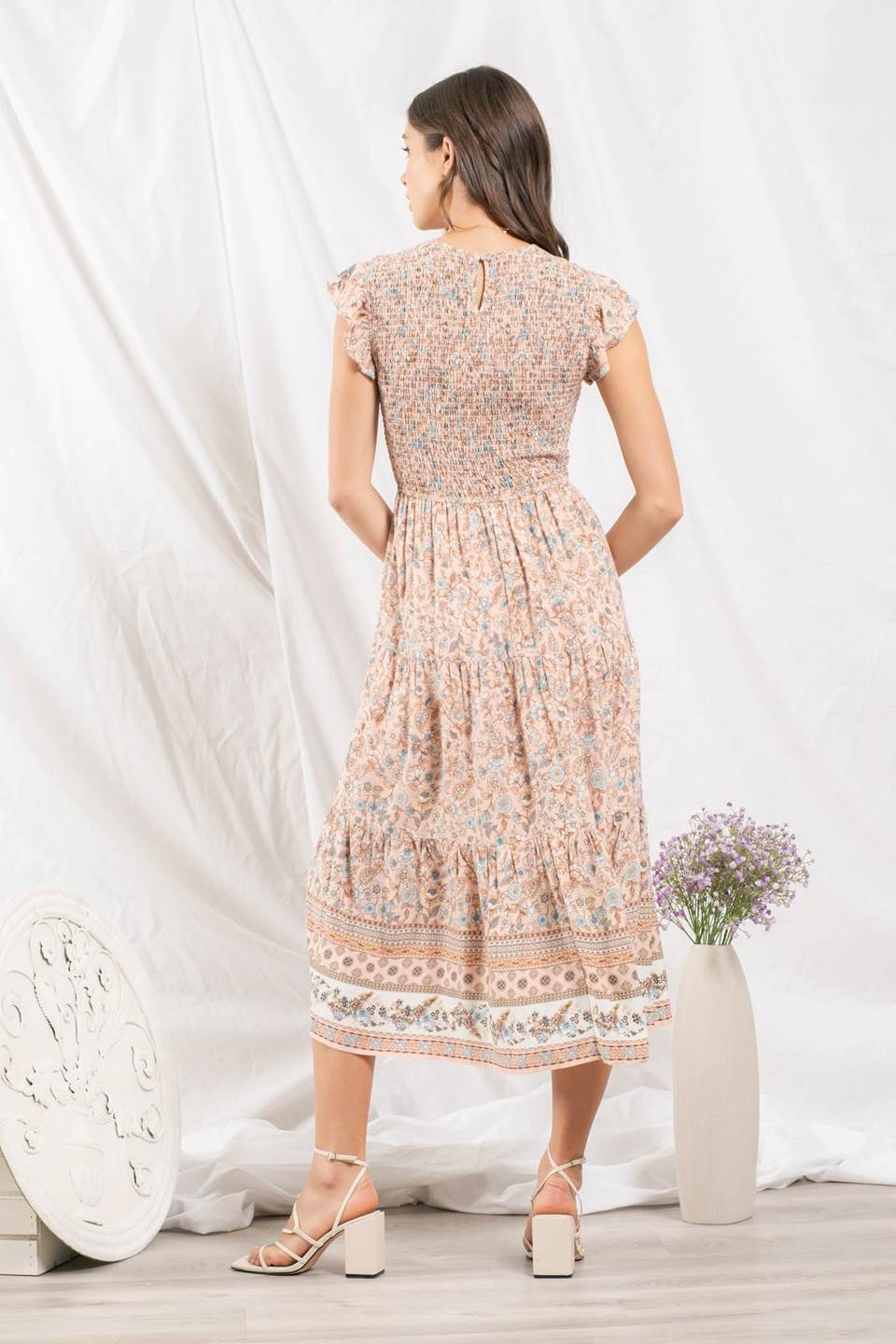 Smocked Floral and Border Print Midi Dress