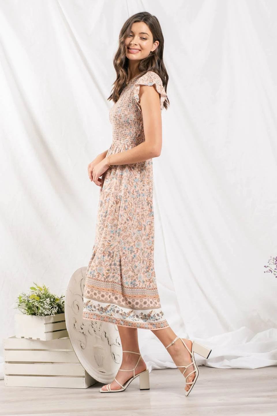 Smocked Floral and Border Print Midi Dress
