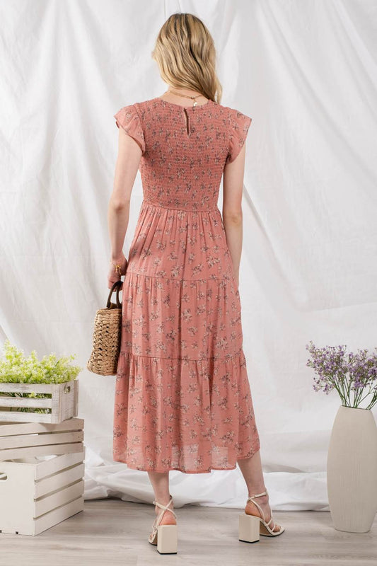 Smocked Floral Tiered Midi Dress