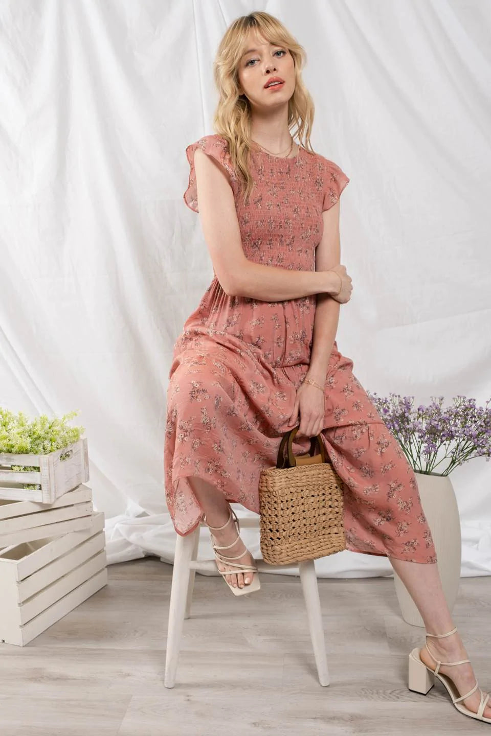 Smocked Floral Tiered Midi Dress