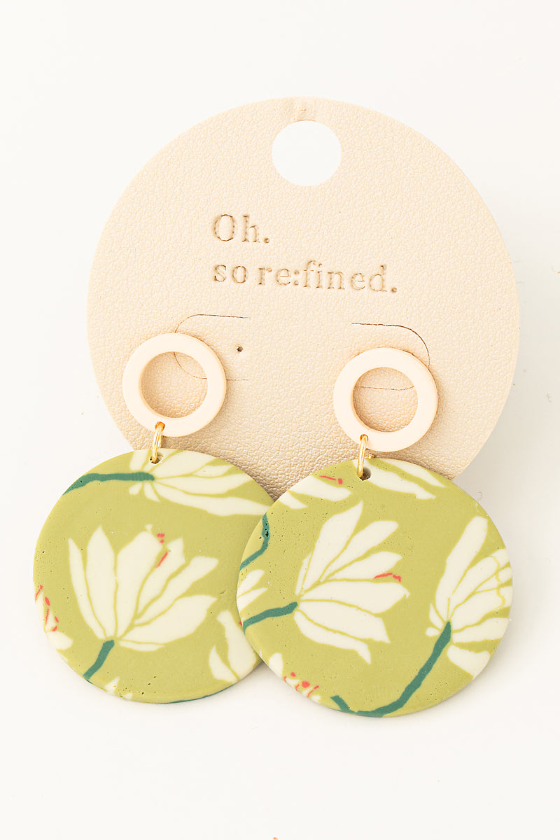 Flower Print Polymer Clay Disc Drop Earrings