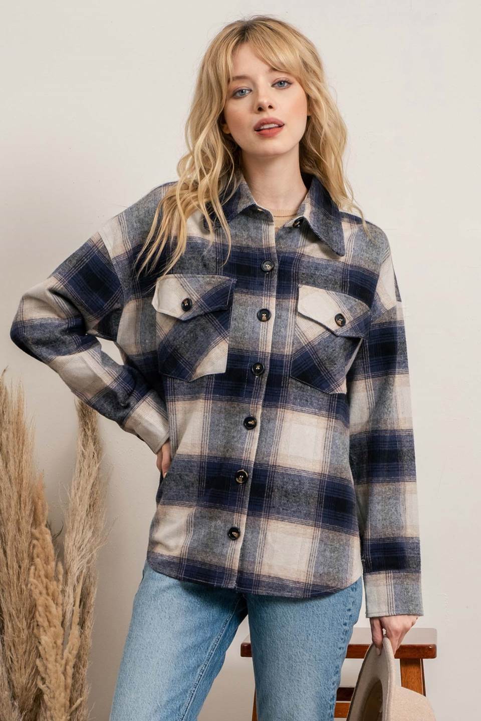 Extended Shoulder Plaid Shacket