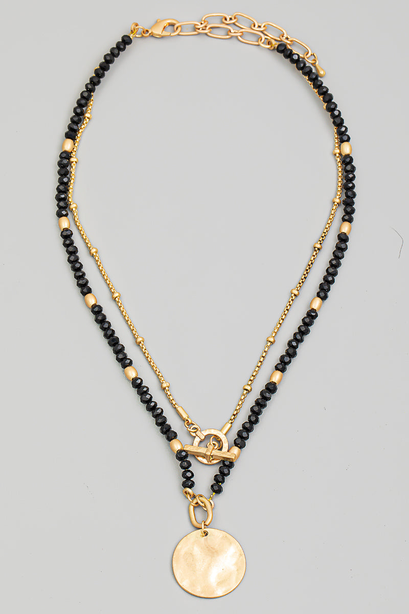 Layered Bead Hammered Disc Pendant Necklace