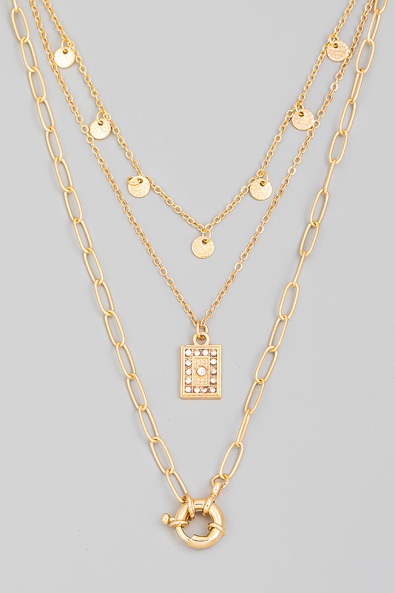 Layered Chain Link Circle Charm Necklace