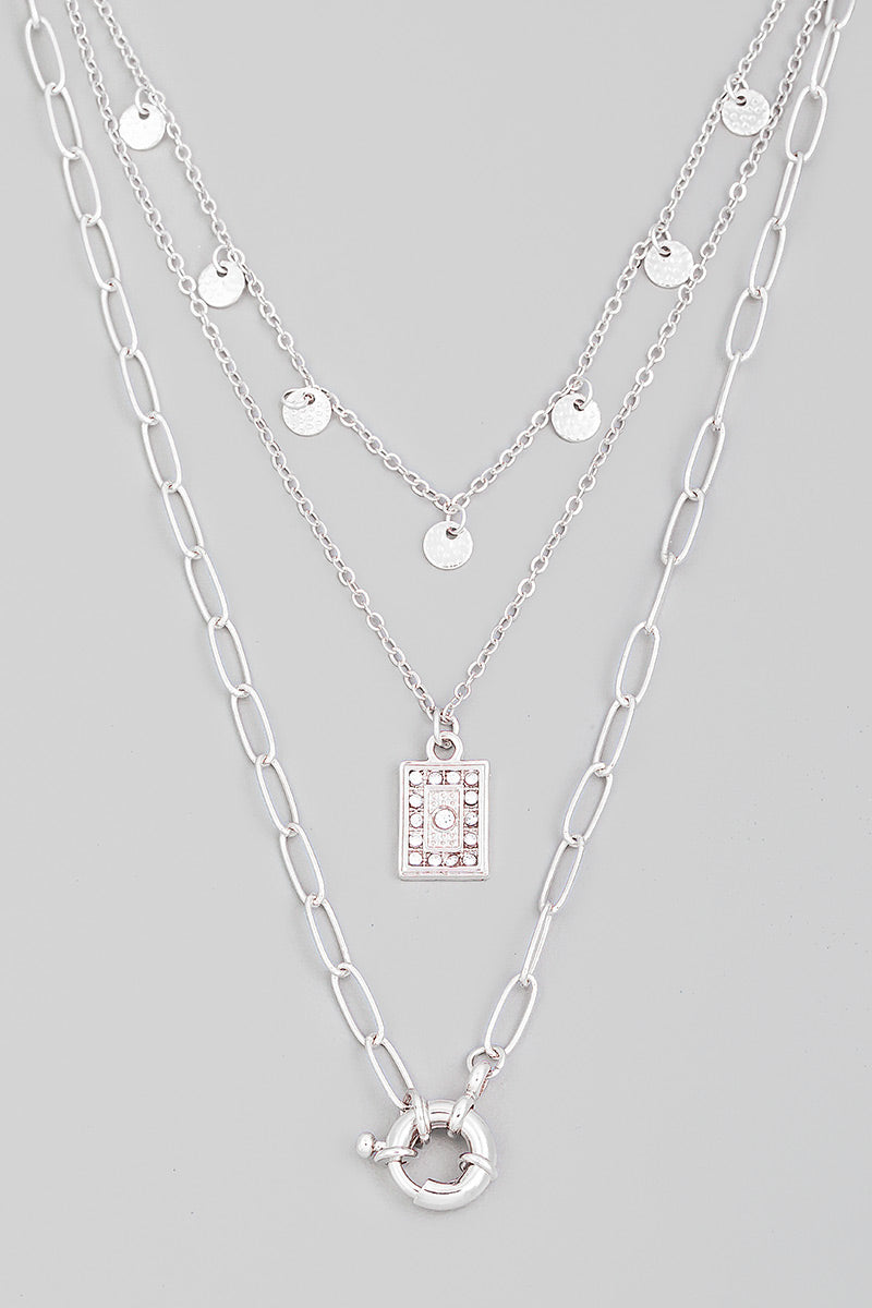 Layered Chain Link Circle Charm Necklace